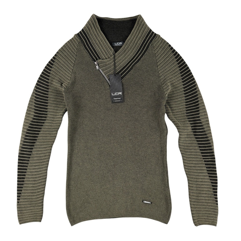 LCR Sweater Mens L Olive Black Ribbed Knit Shawl Collar Long Sleeve Pullover